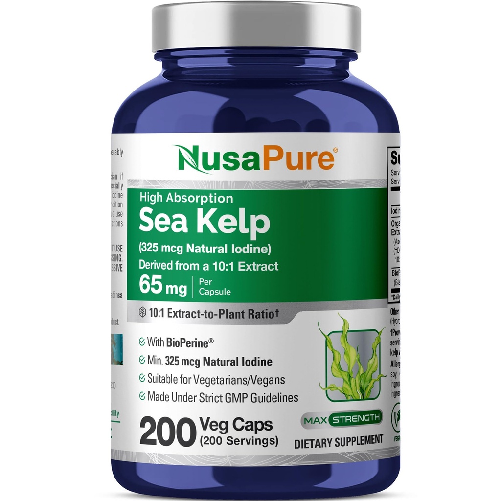 NusaPure Sea Kelp Natural jód 325mcg 10: 1 Extract, 65 mg Ekvivalentní s 650 mg Kapsle 200 Počet (Non- GMO, Vegan)