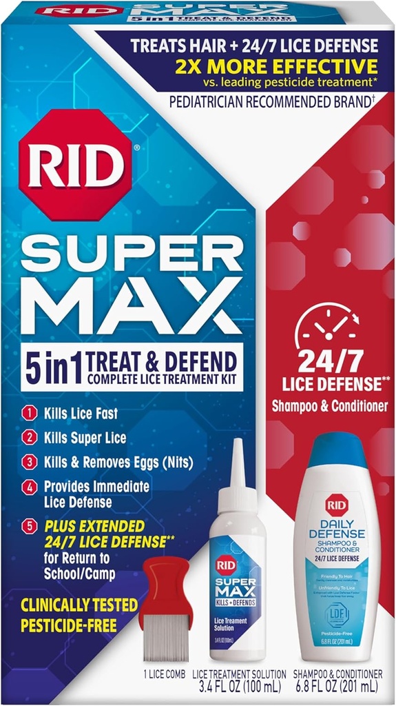 RID Super Max Lice Léčebná sada, Zabíjí Lice & Super Lice & Vejce + 24 / 7 Lice Defense, Pesticide Free, 3.4 FL OZ Solution + 6.8 FL OZ Daily Defense Shampoo & Conditioner + Nit Removal Comb