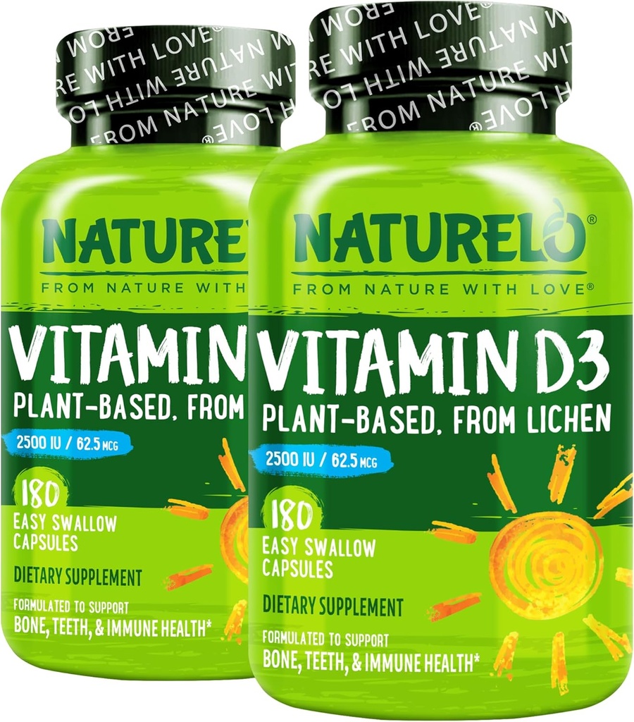 NATURELO Vitamin D - 2500 IU - Plant Based from Lichen - Natural D3 Supplementary for Imunitary System, Bone Support, Joint Health - Vegan - Non- GMO - Gluten Free - 180 Kapsle (Balení po 2)