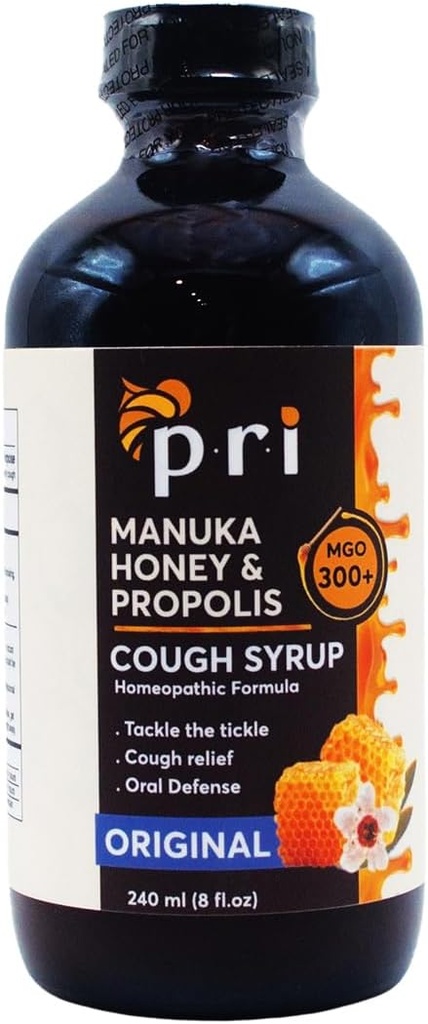 P.R.I Přírodní suchý kašel Sirup s medem Manuka, Propolis, Tea Tree Oil a vitamín C - Krční a imunitní podpora, Original Flavor, 8oz