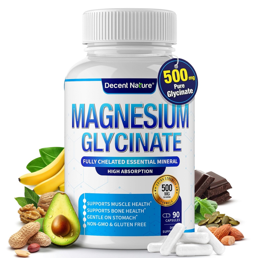 Glycinát hořečnatý 500 mg doplněk hořčíku - Chelatovaný pro vysokou absorpci a biologickou dostupnost podporu spánku, svalů, kostí, křeče, zotavení a energie, Vegan Non- GMO 90 Kapsle