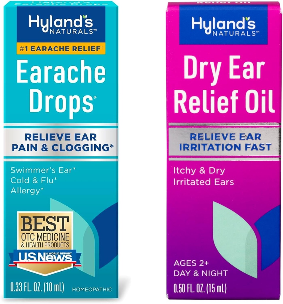 Bundle of Hyland 's Earche Drops 0.33 Fl Oz and Dry Ear Relief Oil, Relieve Uar Irritation Fast, for Itchy and Dry Irritated Ears, Ages 2 and up, Day and Night Drops, 0.5 Ounce