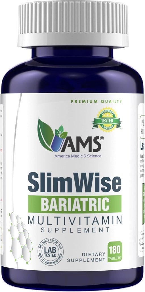 America Medic & Science SlimWise Bariatric Multivitamin - 180 Kaplety 124; 2-Month Supply CLAS124; Post Gastric Bypass & Sleeve Support CLAS124; Železo, B12, Vitamin D3, Folát CLAS124; Easy- to- Polykat Bariatrické vitamíny