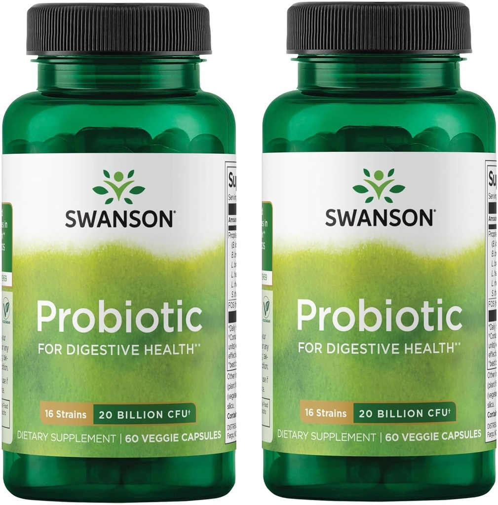 Swanson Probiotic for Digestive Health GI Tract Immunication Support Travelers Support 20 miliard CFU s Prebiotic FOS 60 Veggie Kapsle (Caps) (2 balení)