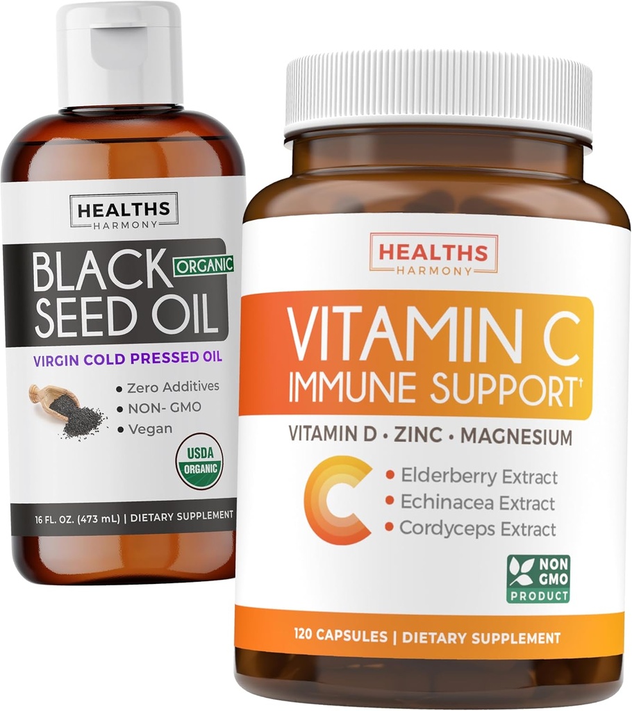 Black Seed Oil Liquid & Imunity Support (2-Month Supply) Immunication Maximiser Bundle - Black Seed Oil Liquid (16fl.oz) Premium Cold-Pressed Clack Cumin Seed Oil & Vitamin C Imunitation Support (120 Veg Caps)