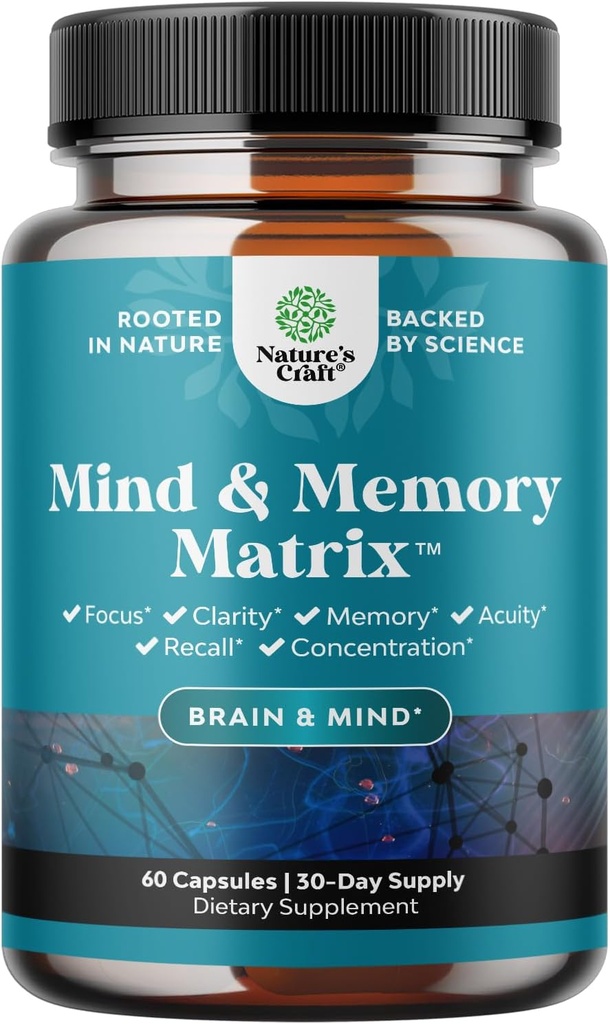 Matrix Nootropní Mozek Dodatek pro paměť a Focus Enhancement - Vitamíny pro duševní zdraví a jasnost - Kognitivní komplex pro dospělé Vitality vševěké mysli - 60 Kapsle