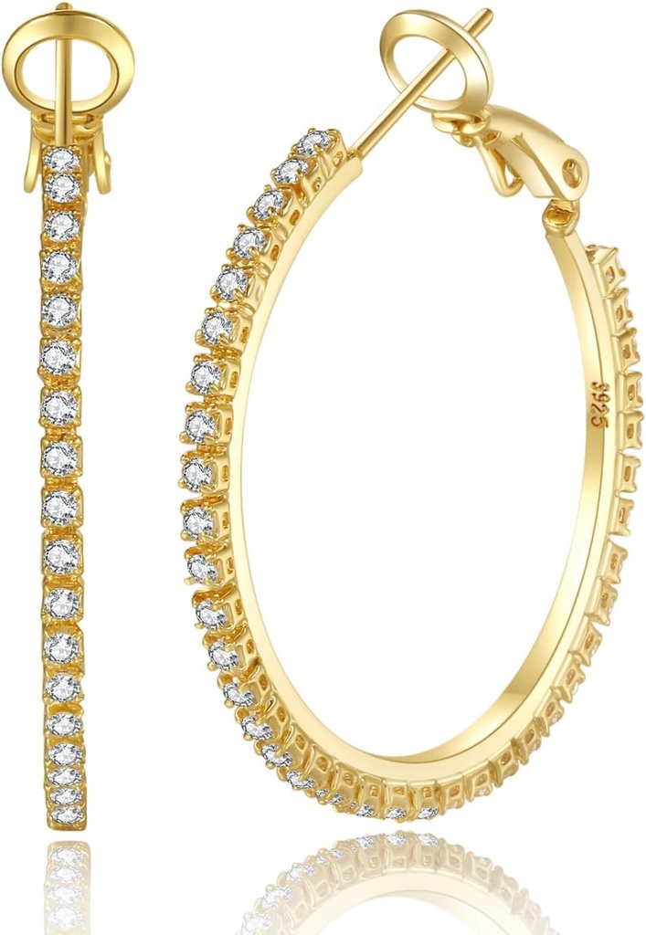 PABBEU 2mm 925 Sterling Silver Náušnice velký Sterling Silver Hoop Náušnice pro ženy Velký Rhinestone Hoop Náušnice tenké hypoalergenní Cubic Zirconia Náušnice pro ženy 30 / 40 / 50 / 60 / 70 mm