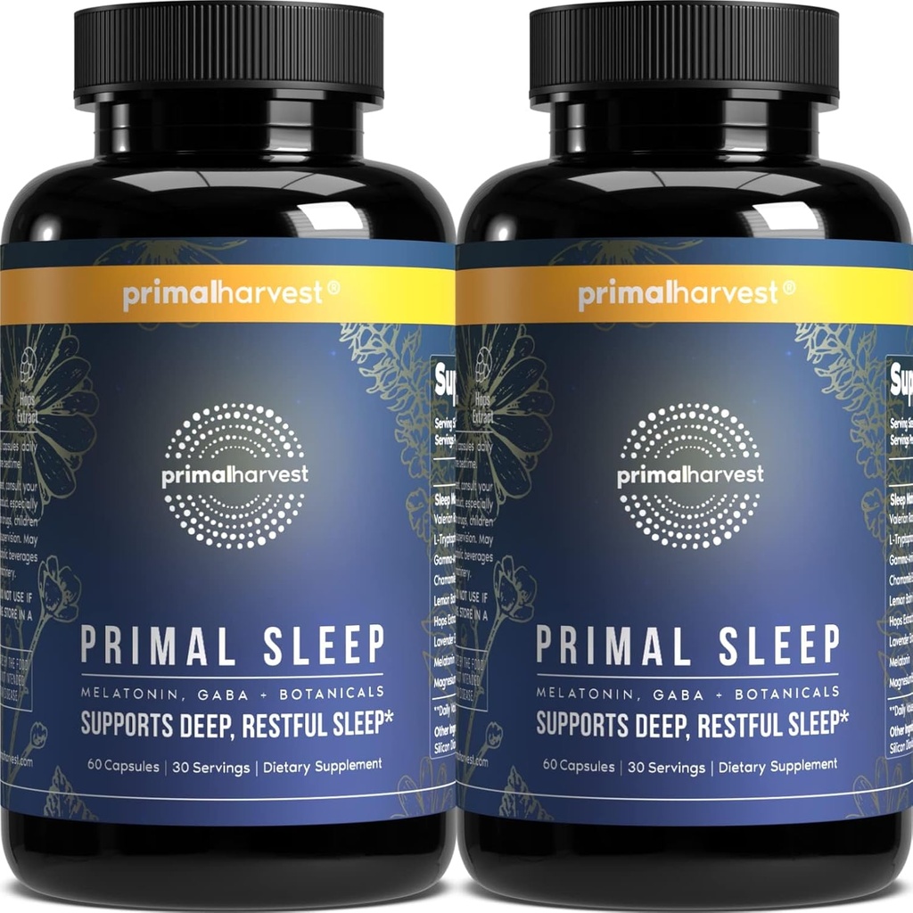 Primal Harvest 2 Pack, Primal Sleep, 120 Kapsle s Valerian Root, L- Triptofan, GABA, Heřmánek a melatonin 3 mg