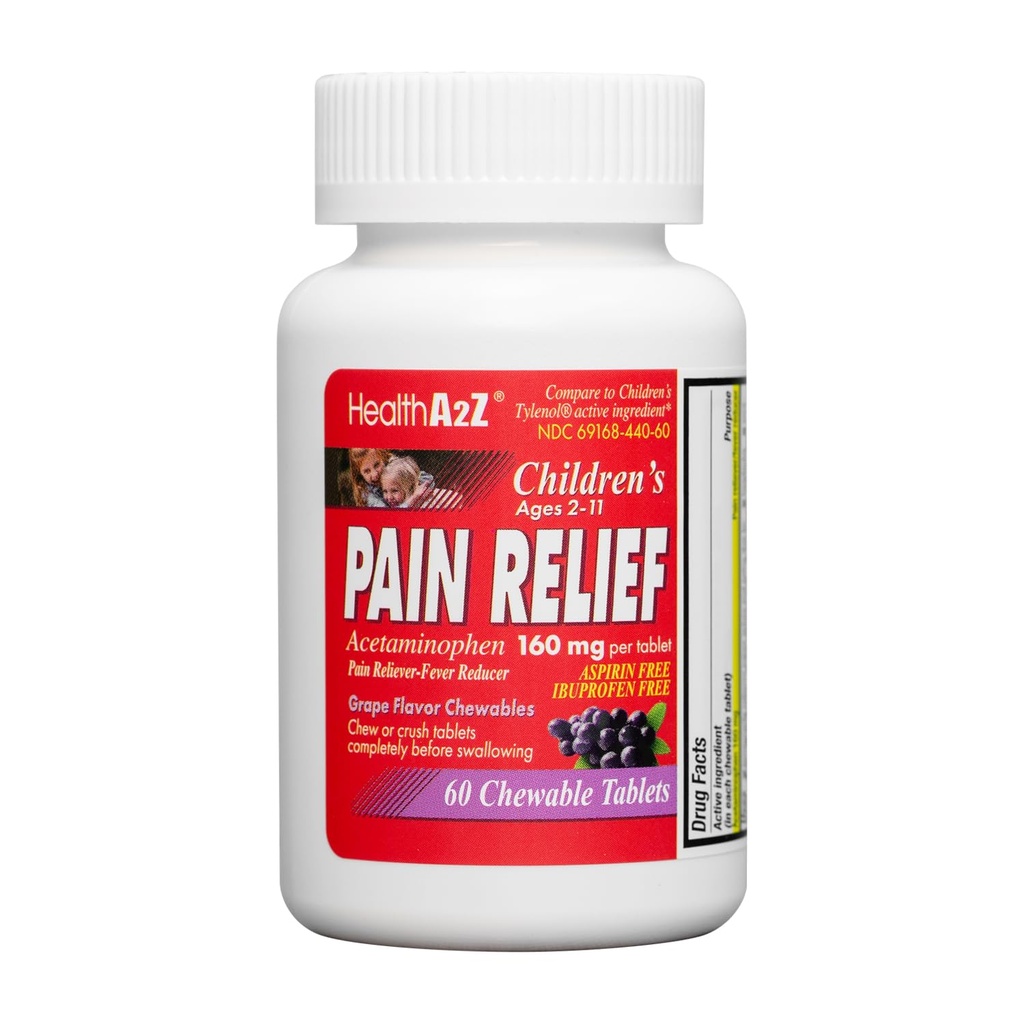 HealthA2Z ® Children 's Chewable Pain Relief CLAS124; Acetaminophen 160mg CLAS124; Chewable Tablety CLAS124; Grape Flavor Chewables CLAS124; Aspirin & Ibuprofen Free (60 Counts)