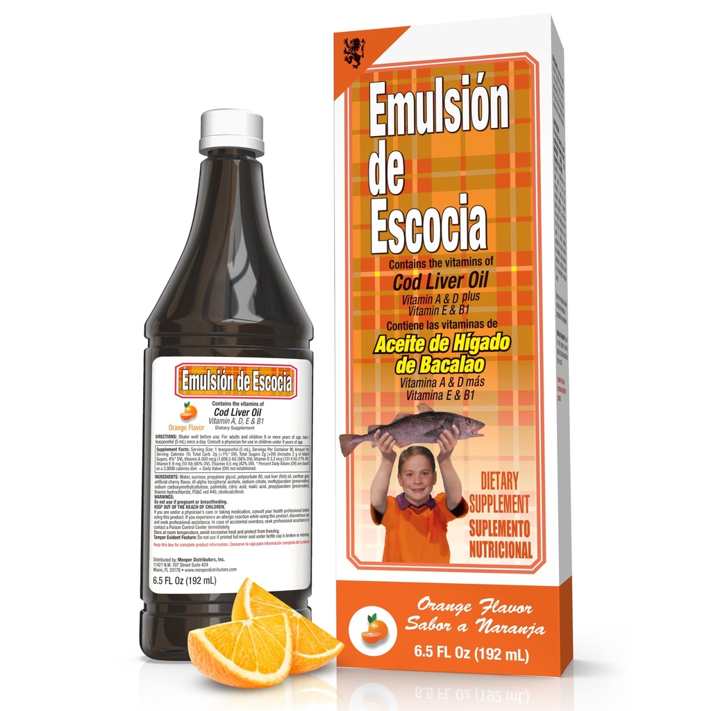 EMULSION DE ESCOCIA Cod Jaterní olej, Orange Flavor, 6.5 fl oz (1 balení) - Rybí olej s vitamíny A, D, E, B1, Omega33 pro imunitní a kostní zdraví, Děti a dospělí