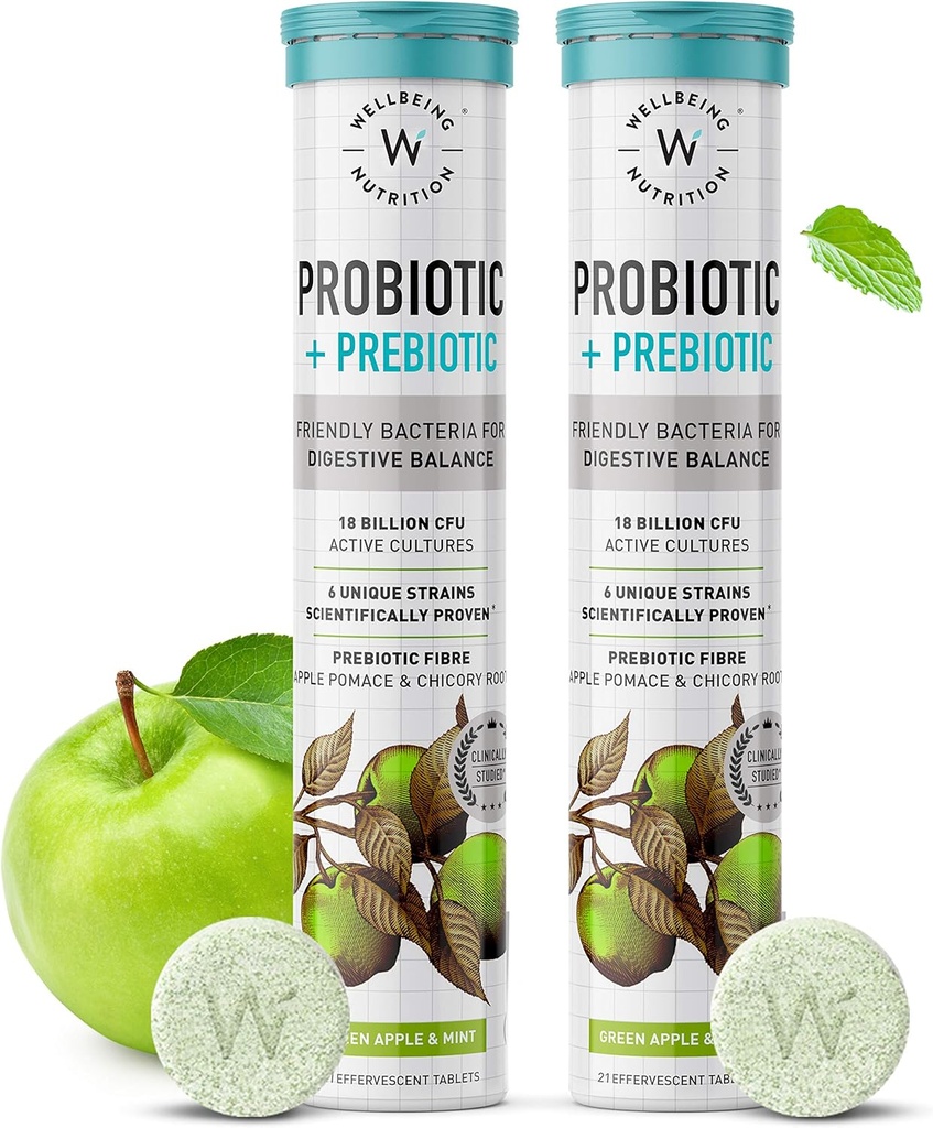 WELLBEING NUTRITION Daily Probiotic + Prebiotic CRI124; Plant Based CFU 124; 18 Billion CFU, 6 Párů pro muže a ženy s organickou prebiotickou fiber for Digestion, Gut Health, Metabolismus CRI124; 42 Efervescent Tabs