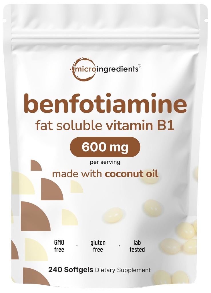 Micro Ingredients Vitamin B1 Benfotiamin 600mg per Serving, 240 Coconut Oil Softgels S124; Bioavailable B Vitamíny dodatek, převeden na aktivní Thiamin S124; Non- GMO, Soy zdarma
