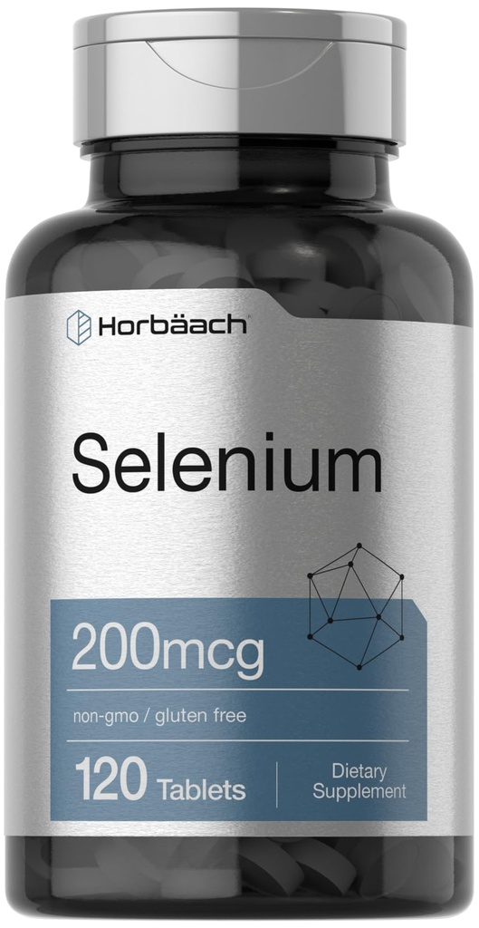 Horbäach Selenium dodatek pro ženy a muže 124; 200mcg colum124; 120 Tablet colum124; jako selen yeast colum124; Vegetarian, Non- GMO a gluten zdarma