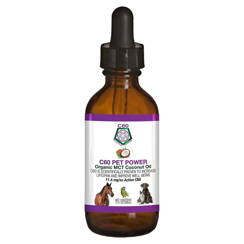 C60 Power for domestics - C60 in Organic MCT Coconut Oil, Natural Wellness Support for Dogs & Cats, Pure Carbon Fullerees, Promotes Health Aging, Energy, & Mobility - 2 fl oz Bottle