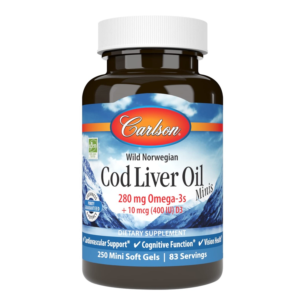 Carlson - Cod Jaterní olej Minis, 280 mg Omega-3s + vitaminy A & D3, Podpora srdce a kognitivní funkce, Vision Health, 250 Mini měkké gely
