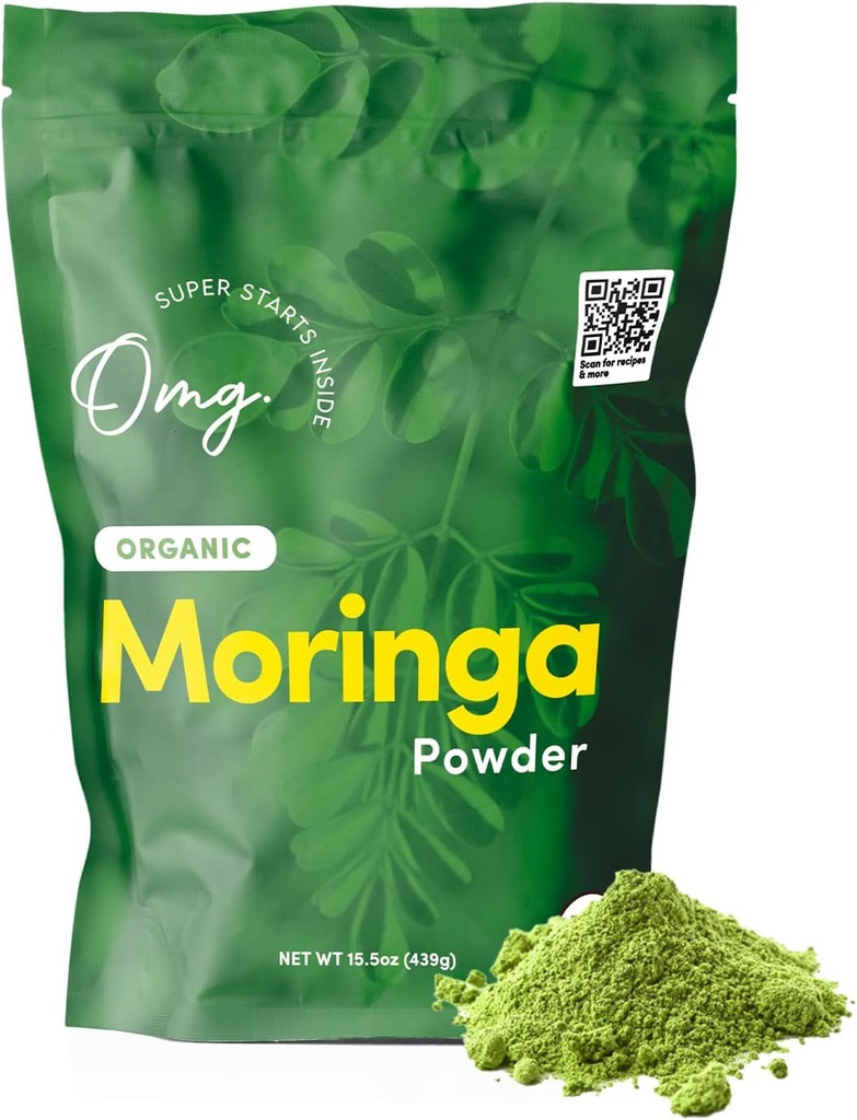 OMG! Superfoods Organic Moringa Powder - 100% čisté, USDA Certified Organic - Dobrý zdroj vápníku, železa, vitamínu A, vitaminu E & More! - 15.5 Ounces (1 balíček)