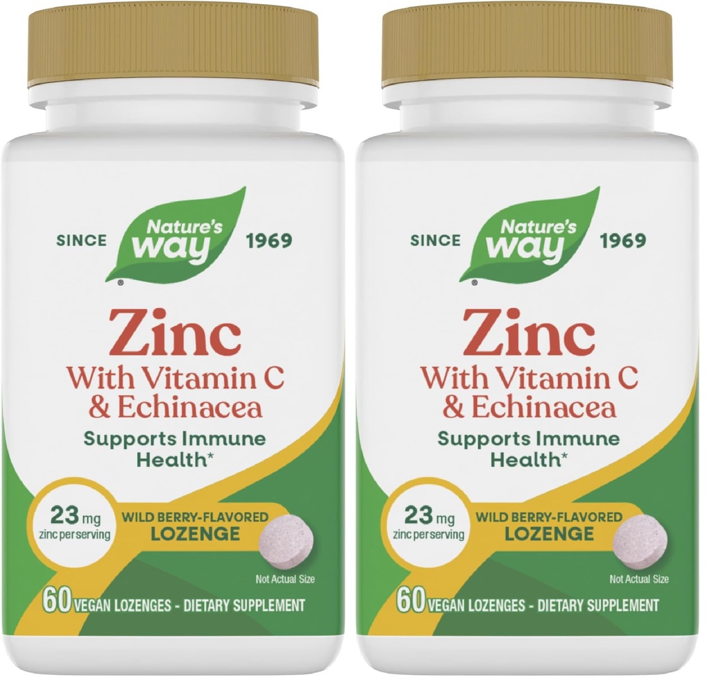 Přírodní způsob zink Lozeng s vitaminem C & Echinacea, Imunitní podpora *, Wild Berry Ochucené, 60 Lozeng (balení po 2)