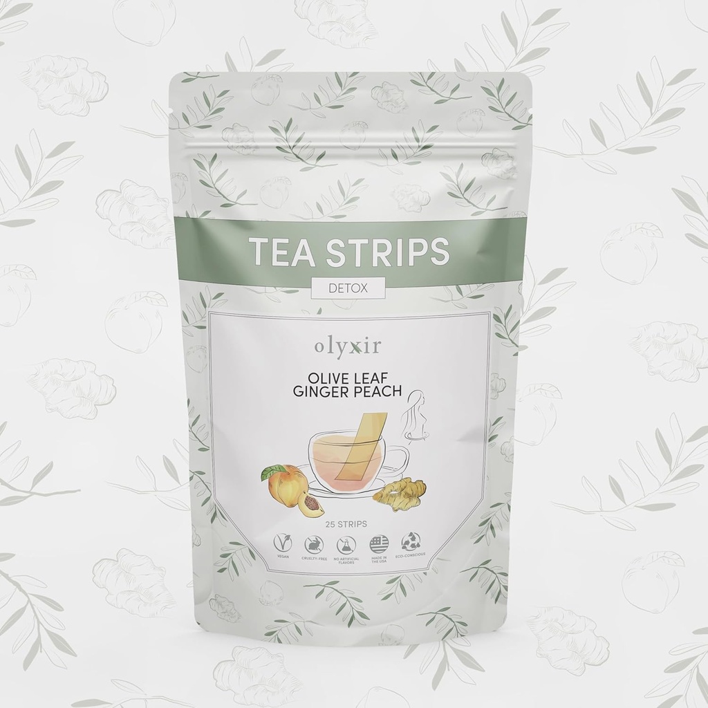 Olyxir Detox Tea Strips - Natural Olive Leaf, Ginger, & Peach Flavors - Instant, Energizing, Organic, Paleo, Vegan, Non- GMO Ct