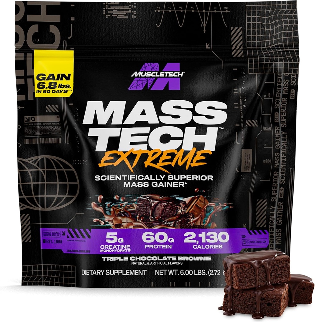 Muscletech High- Protein Mass Gainer (Triple Chocolate Brownie, 6LB) - Mass Tech Extreme 2000 Mass Gainer Protein Powder Supplement - Weight Gainer for Increase Muscle, Enhanced Recovery & Force