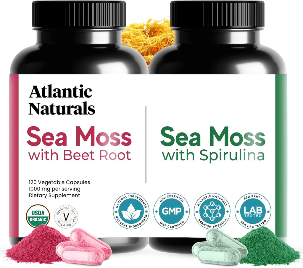 Atlantic Naturals Sea Moss Superfood Bundle - Mořský Mos s řepou a Spirulina Kapsle - Podpora obrany, krevní tok, Společné zdraví & železo - 240 Kapsle (2 x 120 ct)