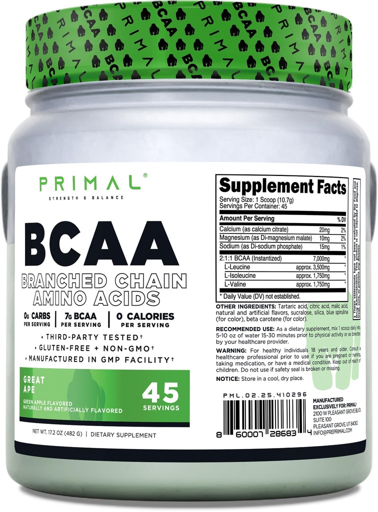 Primal BCAA Powder Great Ape (45 SERV) (zelené jablko ochucené) - 0 g sacharidů, 0 kalorií, 7g BCAA per serving