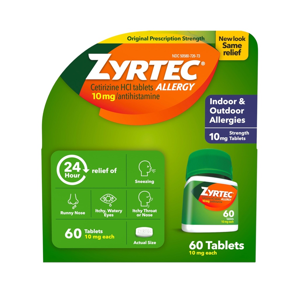 Zyrtec 24 hod. Allerief Relief Tablety, Indoor & Outdoor Alergics Medicine s 10 mg Cetirizin HCl per Antihistamin Tablet, Relief alergie, 60 Počet.