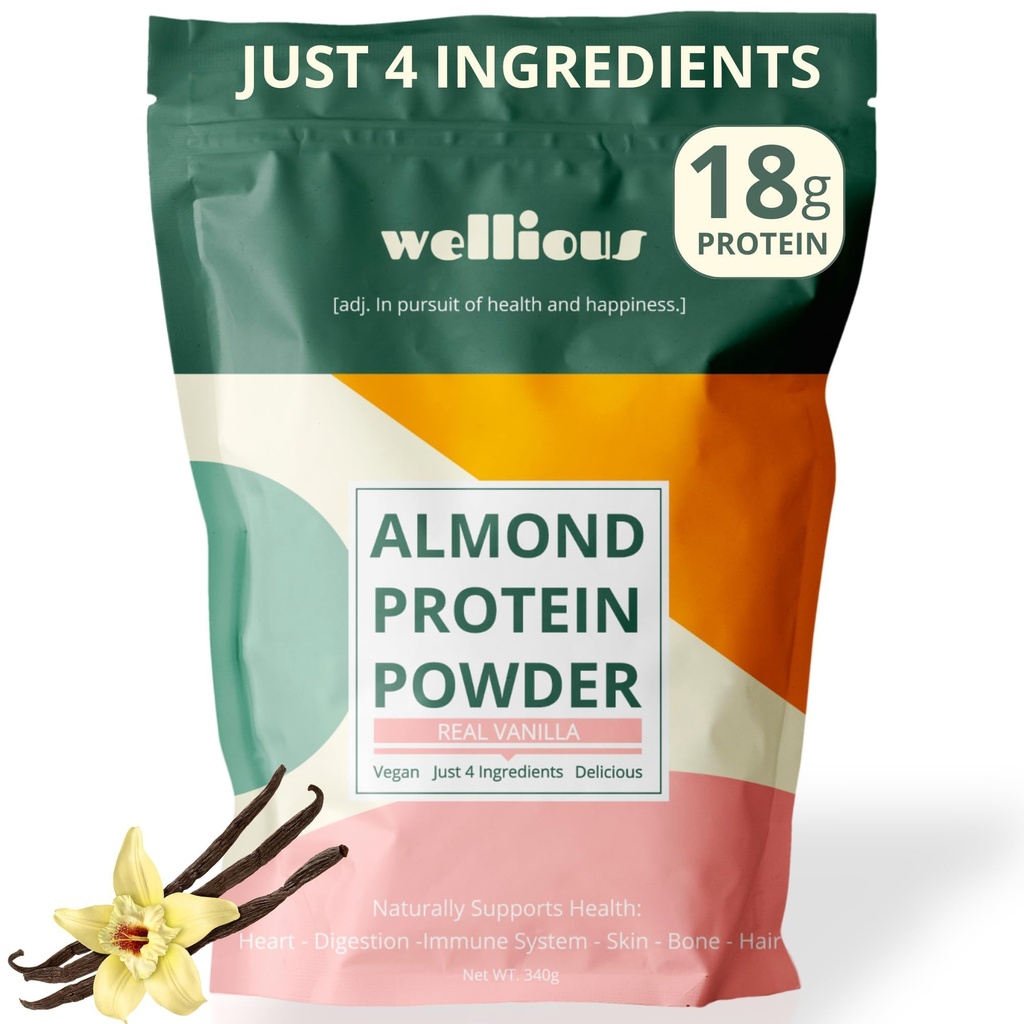 wellious mandlové bílkoviny prášek (Vanilla) - 18 Grams of Pure Healthiest Vegan Protein for Women & Men - Perfect gluten- Free, Soy- Free & Smooth Gut Friendly Protein Powder for Sports Nutrition