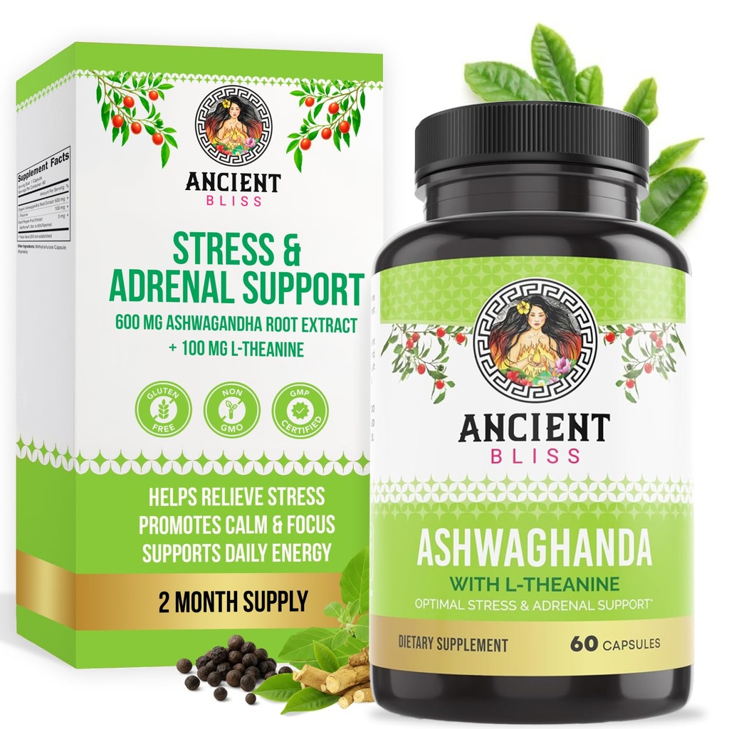 Starověké Bliss Ashwagandha s L- Theanine & Black Pepper Extract Kapsle, Energy & Natural Mood Supplement, Focus Supplement pro dospělé