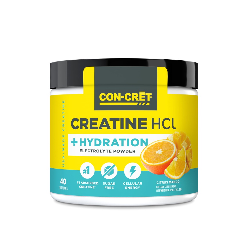 CON-CRET Creatin HCl + Hydratace CARL 124; Electrolyte Powder Tub CARL 124; Citrus Mango CARL 124; Sugar Free Electrolytes CARL 124; Rehydratační vzorec w Draslík, sodík, zinek, hořčík Hydrate & Recover (40 serv)