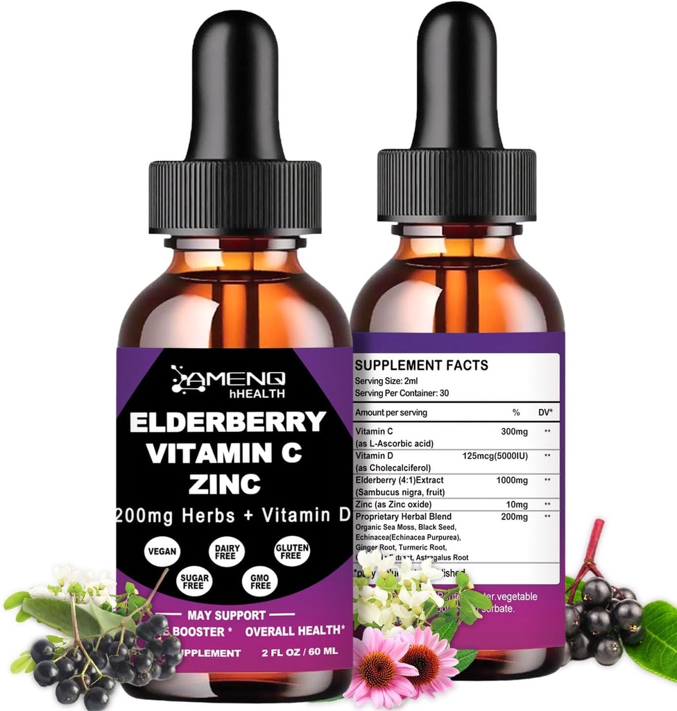 Organic Elderberry Sirup, Liquid Drops Elderberry Vitamin C a zink pro dospělé, 11-in-1 Sambucus Black Elderberry tinktura w / Vitamin D3, Mos Moss Black Seed, Elderberry Imunitative Supplement