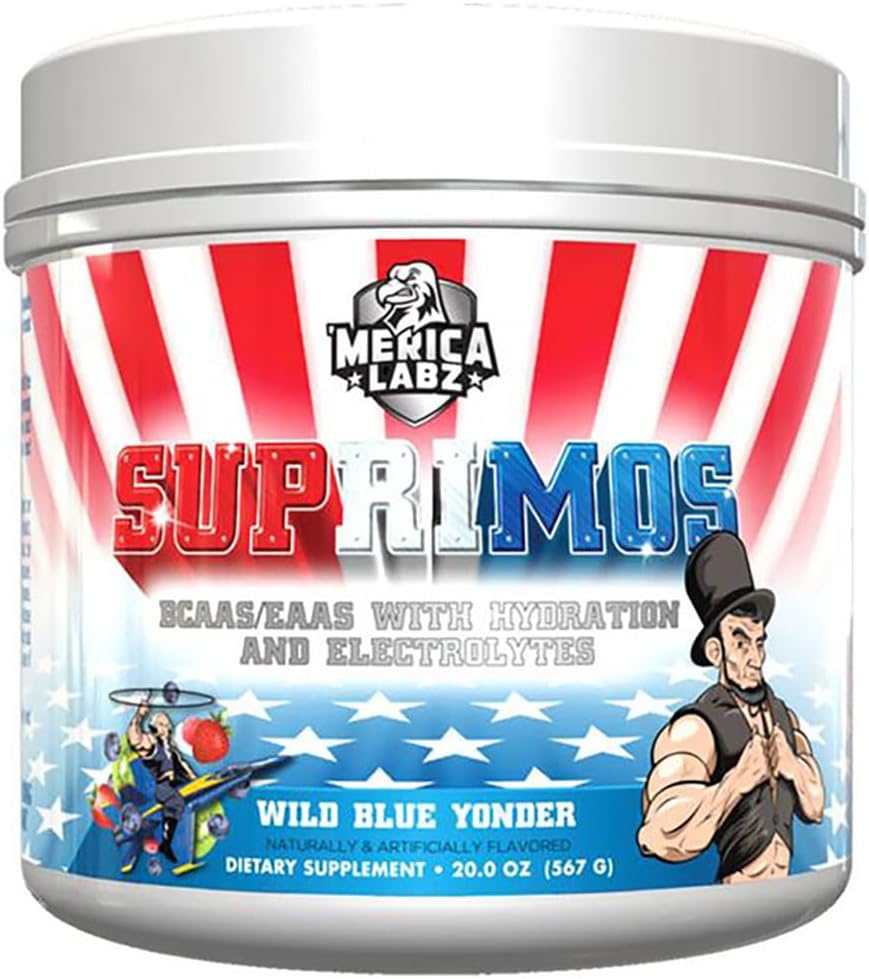 Merica Labz Suprimos BCAA / EAA dodatek s elektrolyty pro maximální výkon a vytrvalost 30 Služeb (Wild Blue Yonder, 20.0oz)