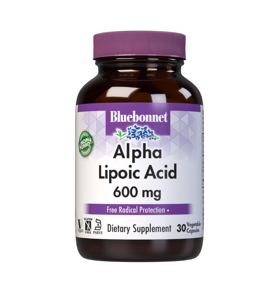 BlueBonnet Alpha Lipoic Acid 600mg - Výkonný antioxidační Nerve Supplement pro ženy a muže - Non- GMO, Vegan, Kosher - Gluten- Free, Soy- Free, Dair- Free - 60 Zeleninové kapsle