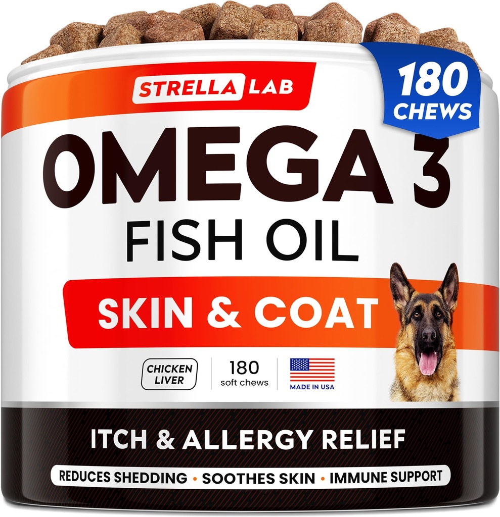 StrellaLaLaLab Fish Oil Omega 3 léčby pro psy (180 léčebných procedur) - Alergie & Itch Relief - Kůže & Coat Supplement - Společné zdraví - Divoký aljašský losos Oil - Prolévání, Itchy Skin Relief - Omega 3 6 9 - EPA & DHA