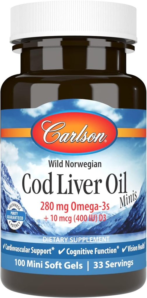 Carlson - Cod Jaterní Oil Minis, 280 mg Omega-3s + Vitamíny A a D3, norské, Wild Caught, Sustainable Sourced, 100 Mini Softgels