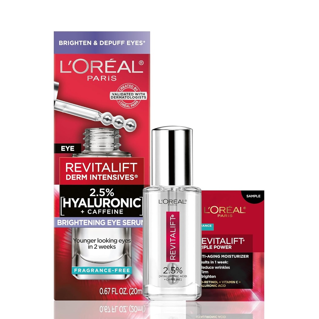 L 'Oreal Paris Revitalift Hyaluronic Acid + Caffeine Hydrating Eye Serum for Dark Circles, Fragrance Free .67 f. oz + Moisturizer Vzorek