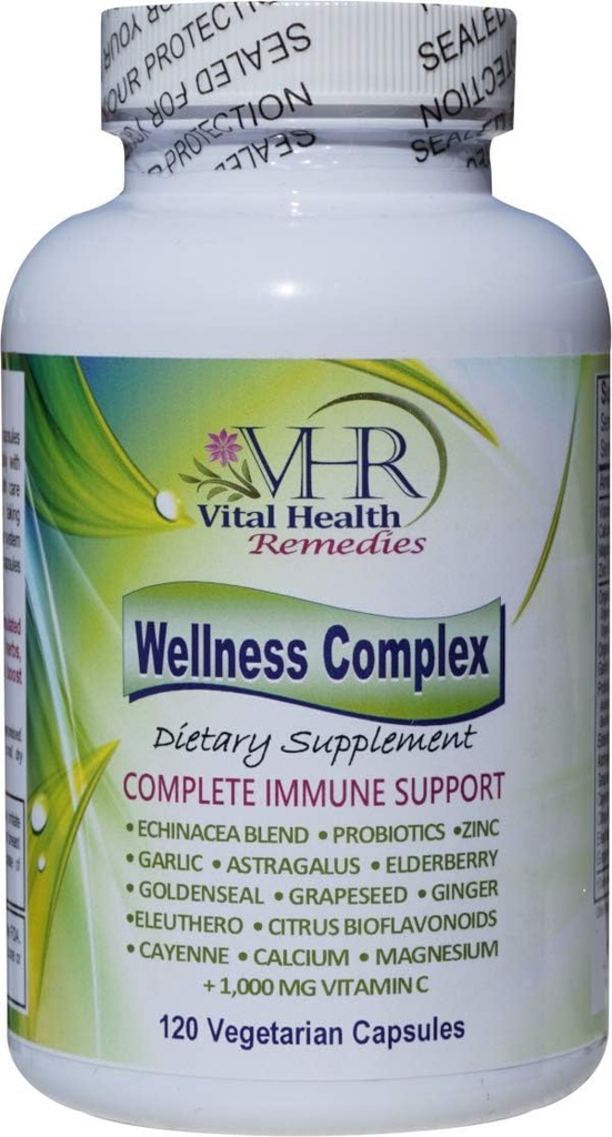 VHR Wellness Complex Imunitate Boosting Formule s Echinacea, Goldenseal, Česnek, Probiotika, Elderberry, Astragalus, Grapeseed, Cayenne, Bioflavonoidy, Eleuthero, Ginger, VIT. C, Zinek. 120 Veg čepice