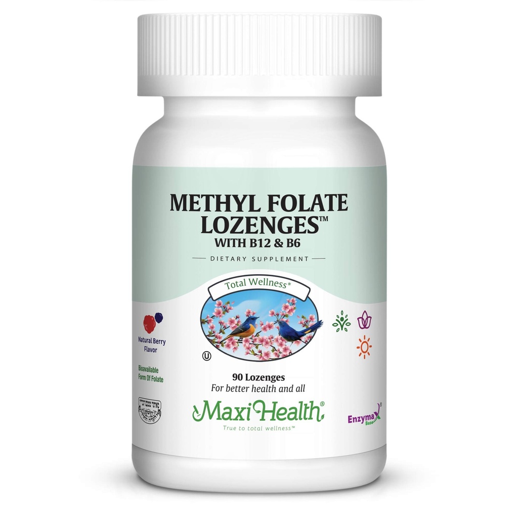 Maxi Health Methyl Folate Lozenges s B12 & B6, ochucená paměť, kardiovaskulární zdravotní hormon & imunitní podpora gluten zdarma, Kosher Berry, 90 Počet