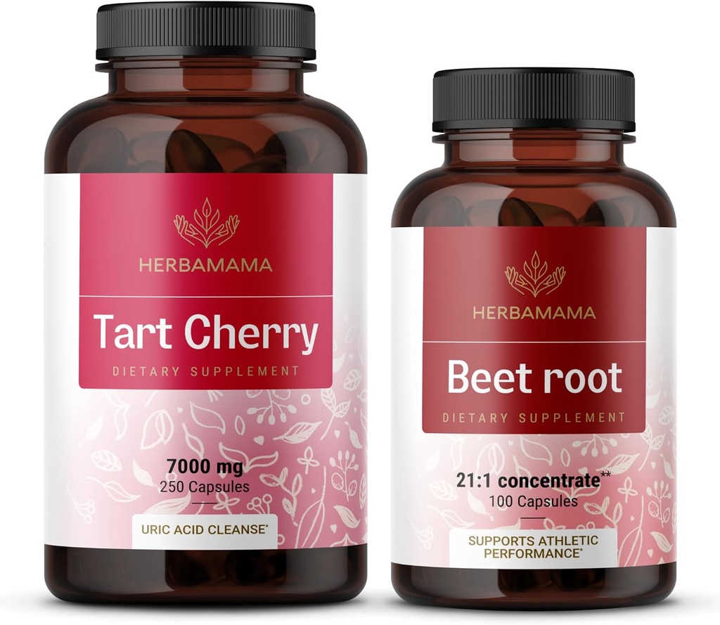 HERBAMAMA Tart Cherry and Beet Root Kit - Bundle of 7000 mg Tart Cherry & 21: 1 Concentrate Beet Root Capsules - Vegan, Non- GMO, Gelatin- Free - 2 Pack
