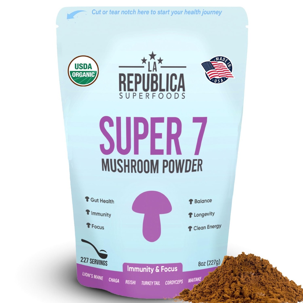 La Republica Superfood Super 7 Houba Extract Powder, zahrnuje lví hřívu, Reishi, Chaga, Cordyceps, Shiitake, Maitake, a Turecko Tail (8 oz)