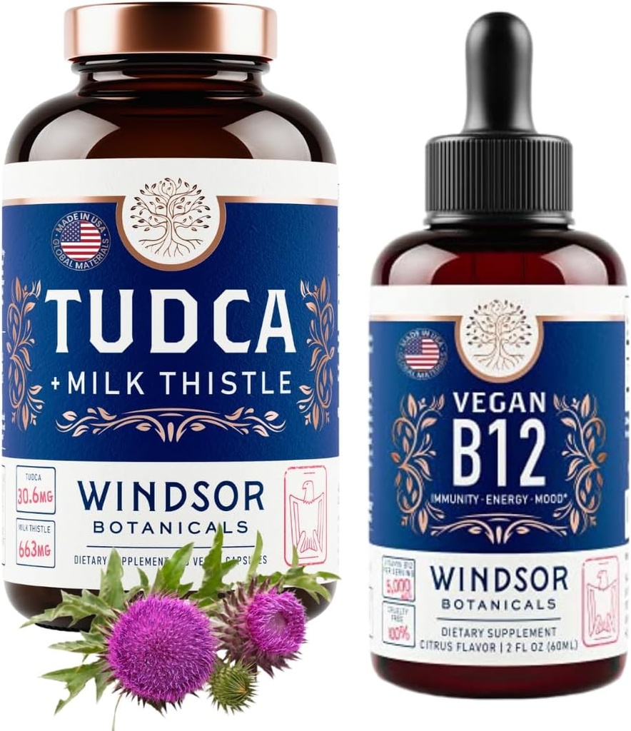 WINDSOR BOTANICALS Tudca se silymarin Mléčné Thistle a Vegan Vitamin B12 Liquid - Zdravotnická podpora Bundle