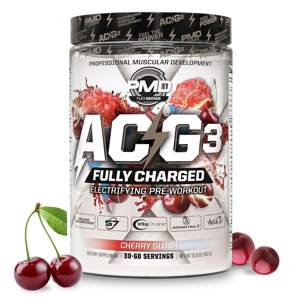 PMD Sports ACG3 Plně nabitý - Elektrizující předcvičení prášek - High Energy & Pump Předcvičení pro muže a ženy k maximalizaci zaměření, Vytrvalost a výkon - Cherry Slush (30-60 Slush)