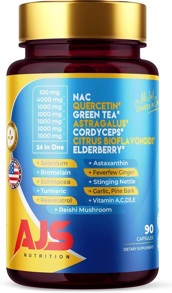 AJS Quercetin 4000mg s Nac Green Tea Cordycepscitrus Elderberry Selenium Bromelain Echinacea Turmeric Resveratrol Astaxanthin Fevercourt Ginger Reishi Houba 90 Caps 20 in 1