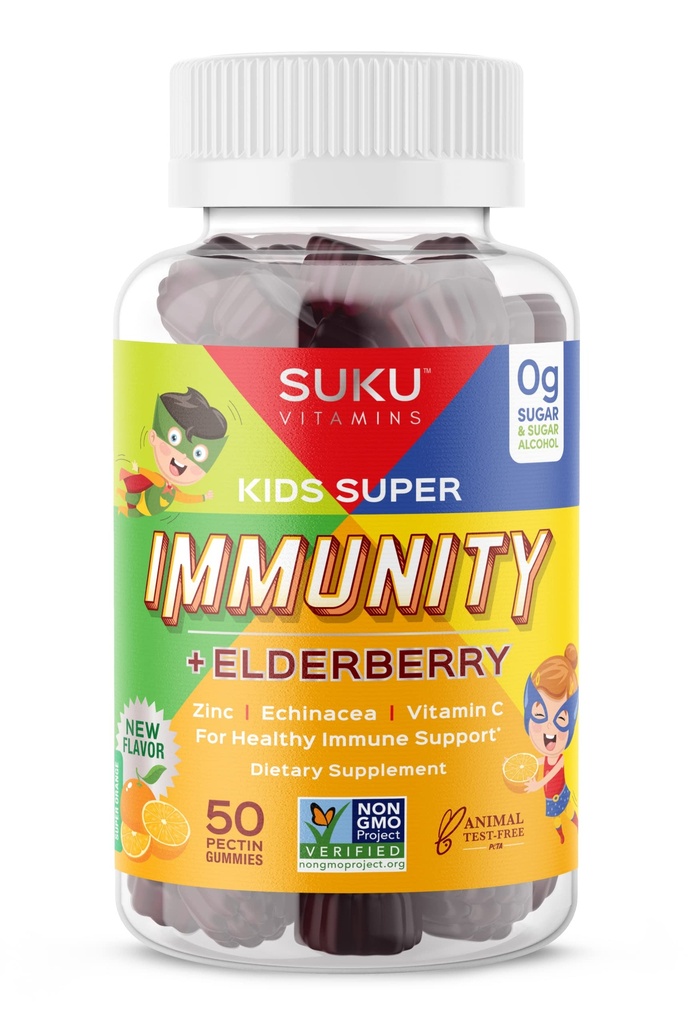 SUKU Vitamíny - Dětská super imunita - Bezinky, Echinacea, Vitamin A a zinkové gumy pro imunitní podporu - Snadno žvýkat - Non GMO, gluten cukr zdarma - Granátové vápno Gummy Vitamíny, 50 Počet