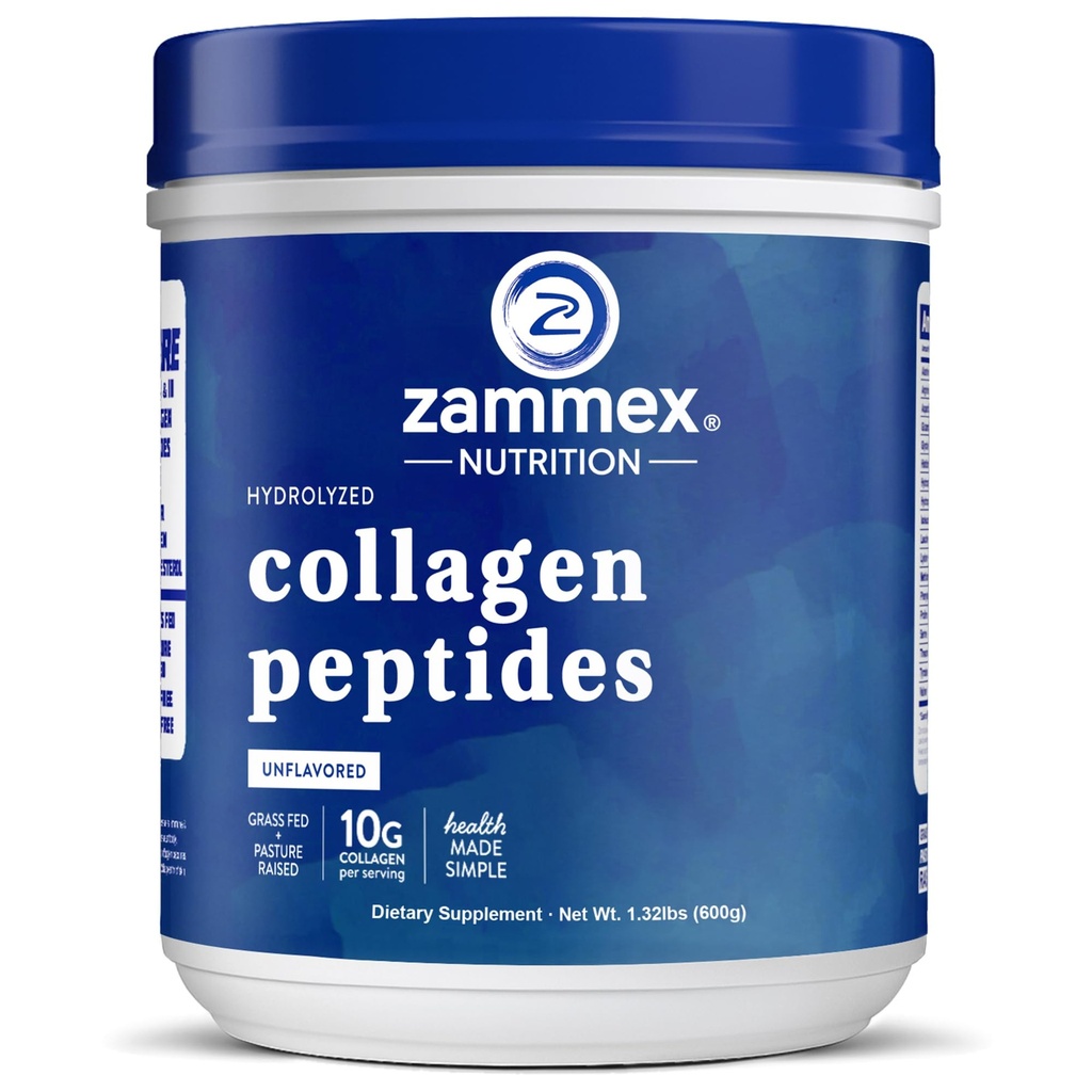 Zammex Premium Kolagen Peptidy Powder Neochucené, Hydrolyzované proteiny Typy I & III, Podporuje vlasy, kůže, nehty, spojky, Tráva Fed, Non- GMO, Gluten- Free, Paleo & Keto Friendly, 60 Služeb