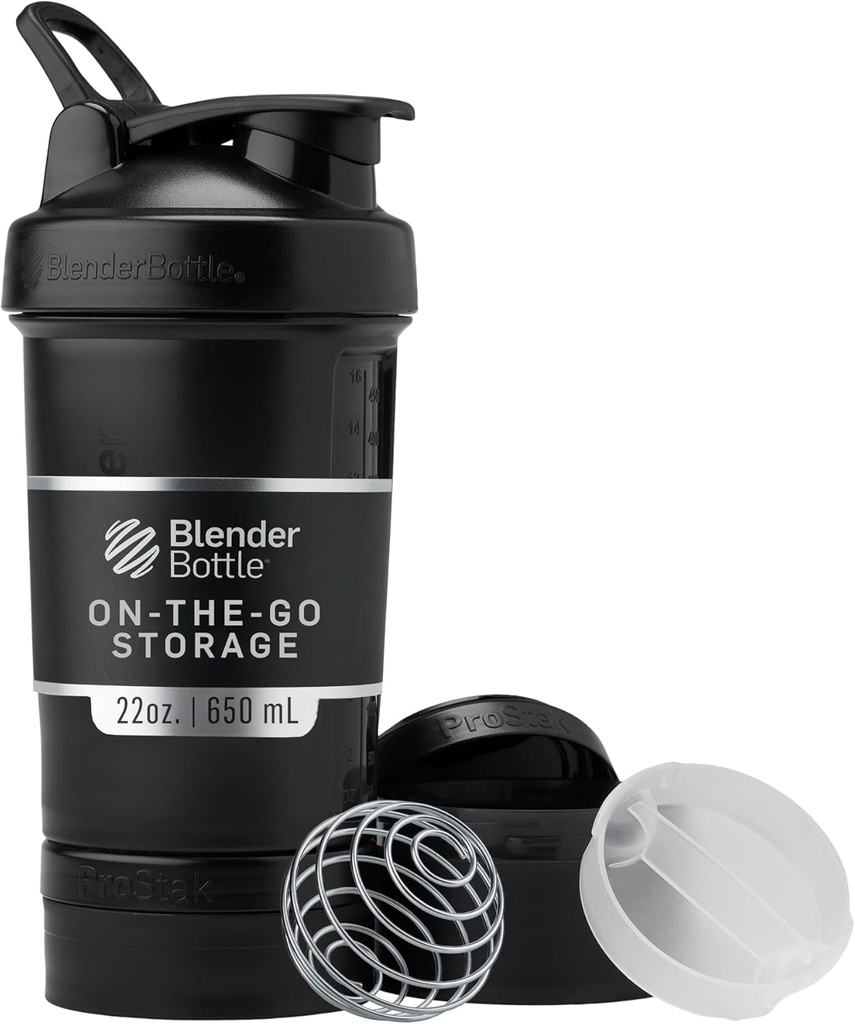 BlenderBottle Shaker Lahvička s pilulkovým organizátorem a úložištěm pro proteinový prášek, Classic V2 ProStak System, 22- Ounce, Midnight Black