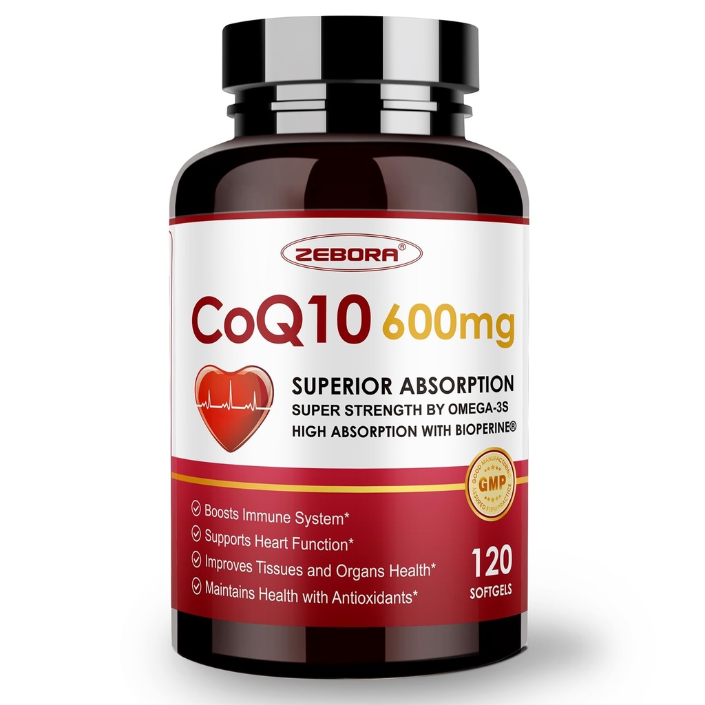 ZEBORA CoQ10-600mg-Softgels - Extra síla Coenzym Q10 s PQQ, Omega33 & BioPerine - High Absorption CoQ10 doplňky Antioxidant (Ubiquinon) pro srdeční zdraví a výrobu energie, 120 Softgels
