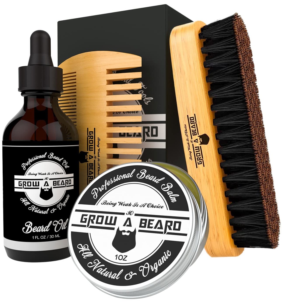 Beard Brush, Beard Comb, Beard Oil, & Beard Balm Grooming Kit pro mužskou péči, Travel Facial Hair Set pro růst, Styling, Shine & Sofness, Velké dárky pro něj