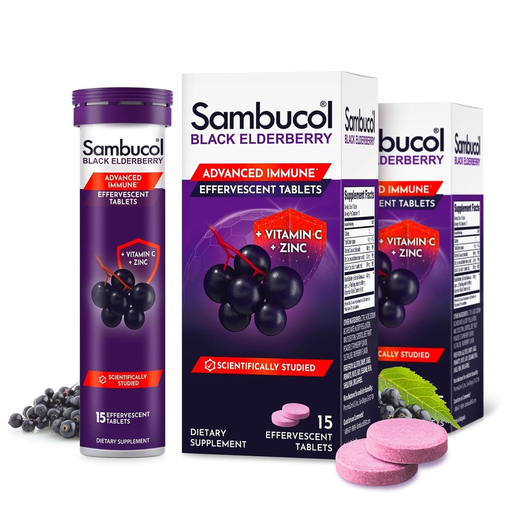 Sambucol Black Elderberry Tablety s vitamínem C & zink - Imunitní Supplement, Black Elderberry se zinkem a vitamin C Effervescent Tablety, Vysoké antioxidanty, Pijte Fizzie- 30 Počet
