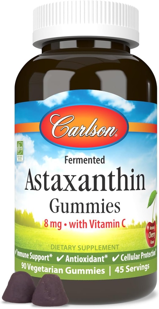 Carlson - Astaxanthin Gummies, s vitaminem C, imunitní podpora, antioxidant, srdce zdraví, non-GMO, třešňové ochucení, 90 vegetariánské gumy