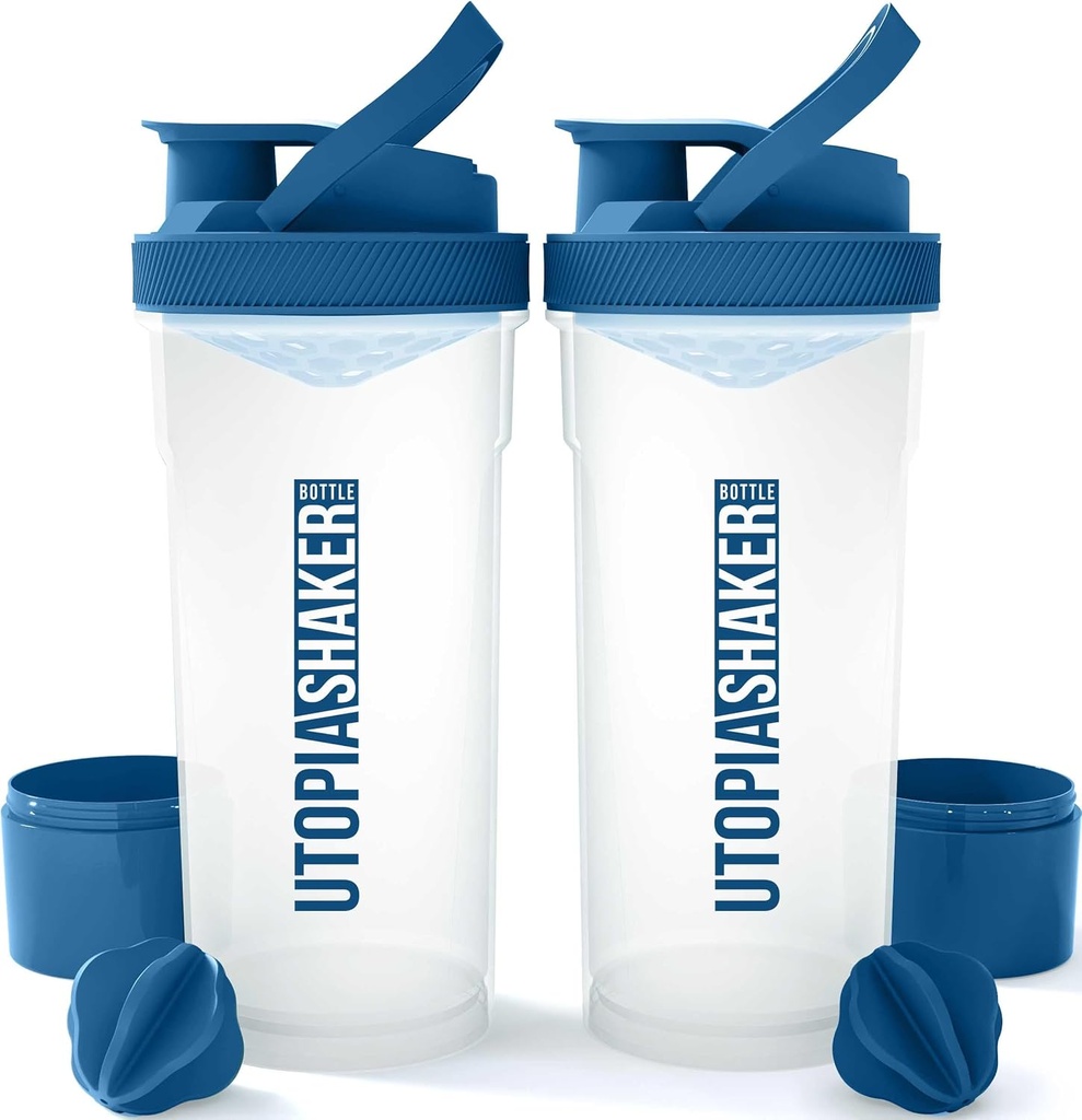 Utopia Home Shaker Lahvička 2 Pack - 24 Ounce Plastic Protein nebo Cocktail Shaker Lahvička pro Pre & Post cvičení s Twist & Lock Protein Box Storage (Clear / Navy)